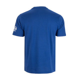 Men's royal blue crew-neck T-shirt with small white sleeve logo, back view