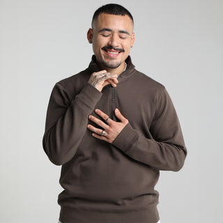 Men's Triumph quarter-zip pullover with mock neck, dark brown