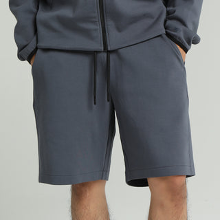 Men's dark blue knit shorts with drawstring and side seam pockets