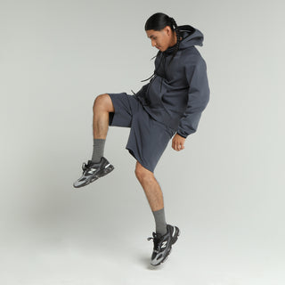 Men's knit short in dark blue, above-knee length, drawstring waistband