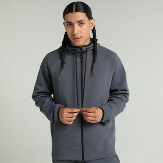 Men's dark blue zip-front hoody with hood, front view