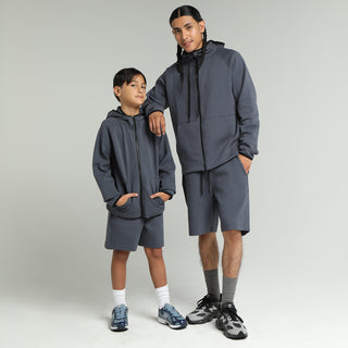 Men's dark blue zip-front hoody with hood and long sleeves, front pockets