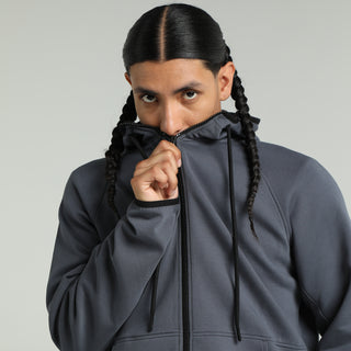 Men's dark blue zip-front hoody with hood and drawstring, front pockets