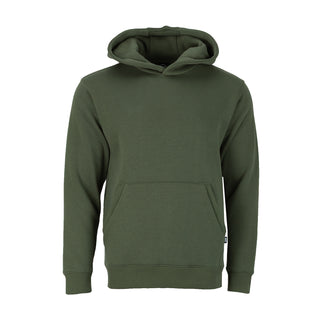 Men's green fleece pullover hoodie with front pocket and adjustable hood