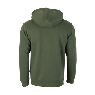 Men's green fleece pullover hoodie, back view with hood and ribbed cuffs