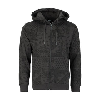 Men's dark gray fleece zip hoodie with paisley bandana pattern, hood, front pockets.