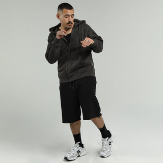 Men's dark gray fleece zip hoodie with hood and adjustable hem, paisley bandana print.