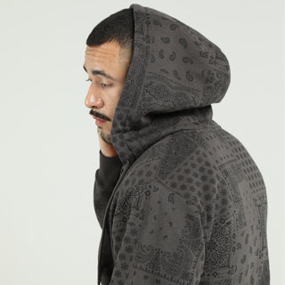Men's dark gray fleece zip hoodie, close-up paisley bandana hood lining and zipper.