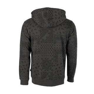 Men's dark gray fleece zip hoodie, back view with hood and bandana-style pattern.