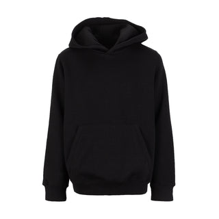 Youth black fleece pullover hoodie with front hood and kangaroo pocket