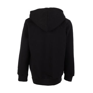 Youth black fleece pullover hoodie, back view with full hood