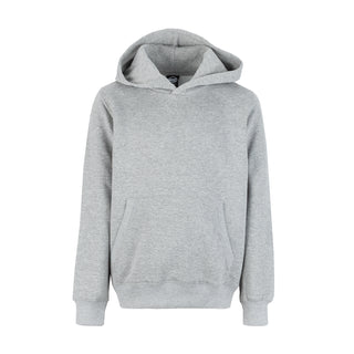 Youth heather grey fleece pullover hoodie, front view, hood with kangaroo pocket