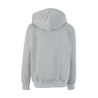 Youth heather grey fleece pullover hoodie, back view, attached hood and ribbed cuffs