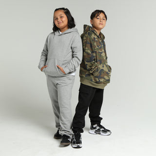 Youth heather grey fleece pullover hoodie with hood and front kangaroo pocket
