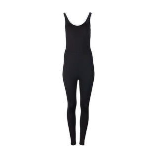 Women's black long bodysuit, scoop neck, sleeveless, full-length legs