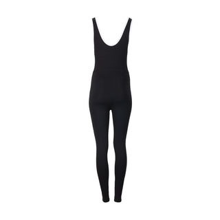 Women's black long bodysuit with scoop neck, sleeveless fit, full-length front