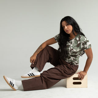 Women’s chestnut barrel pants, elastic waist and wide tapered leg