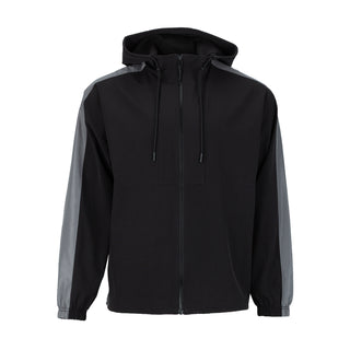Men's black windbreaker jacket, full-zip front and hood with drawstrings.