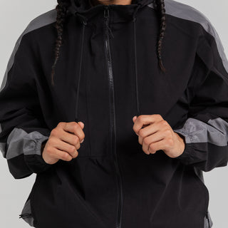 Men's black windbreaker jacket detail: hood, full-length zipper, and elastic cuffs.