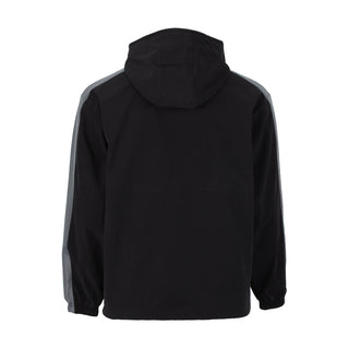Men's black windbreaker jacket back view with hood and elastic cuffs.