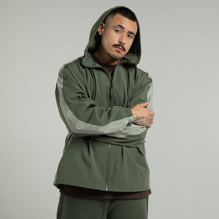 Men's olive windbreaker jacket with hood, zip front, and long sleeves