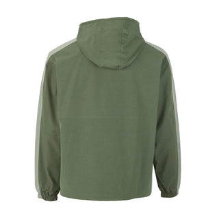 Men's olive windbreaker jacket, back view with attached hood and elastic cuffs