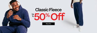 Promotional banner for classic fleece with a person wearing the fleece and text indicating a discount offer.