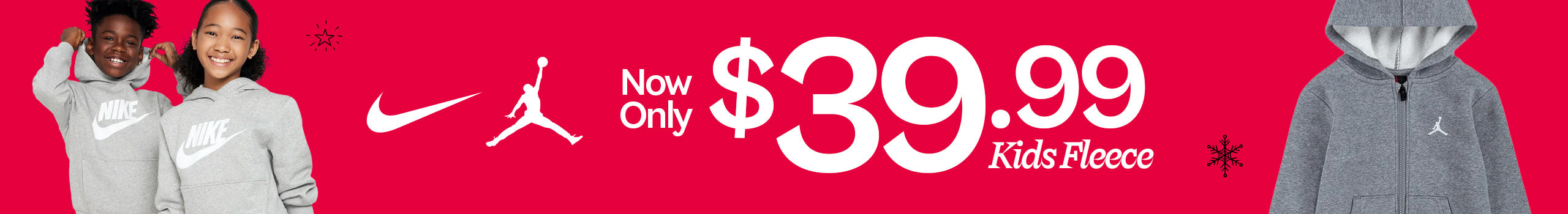 Promotional banner for Jordan Kids Fleece with two children wearing gray hoodies and a red background.