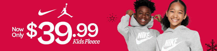 Promotional banner for Jordan Kids Fleece with two children wearing gray hoodies and a red background.