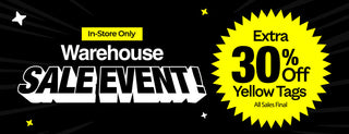 Warehouse sale event banner with extra 30% off yellow tags offer on a black background.