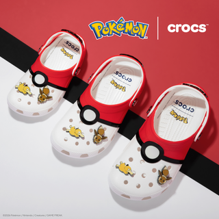 Crocs x Pokémon Classic Clog in white and red Poké Ball design with Pikachu and Eevee Jibbitz charms.