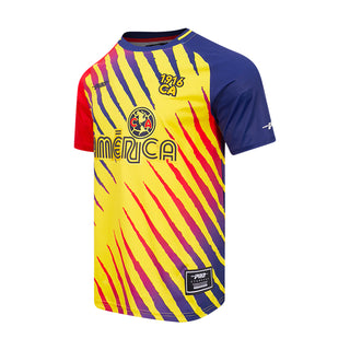 Club America men's tee shown at an angle, with multicolor stripes and chest graphics