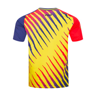 Back of Club America men's tee with yellow, red and navy diagonal stripes