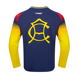 Back of navy Club America long-sleeve tee with yellow emblem and red and yellow sleeve accents