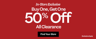 Super Savings Deal banner promoting buy one, get one 50% off all clearance in stores through September 7, with a “Find Your Store” button.