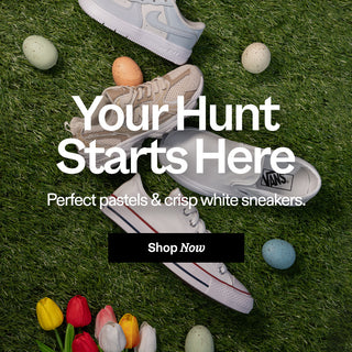 Pair of sneakers on grass with Easter eggs and tulips, promotional text overlay.