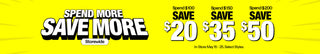Promotional banner with text 'Spend More Save More' and savings amounts on a yellow background.