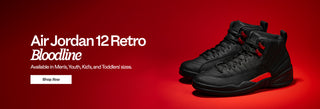Black Air Jordan 12 Retro Bloodline sneakers on a red background with text about availability.