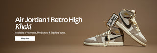 Air Jordan 1 Retro High Khaki sneakers on a brown background with text about availability.