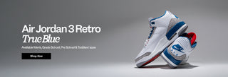 Air Jordan 3 Retro True Blue white, grey, blue shoes with red accents. Shop now