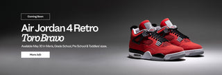 Red and black sneakers with 'Air Jordan 4 Retro Toro Bravo' text on a gray background