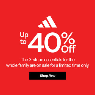Adidas promotional banner with 40% off offer on a red background