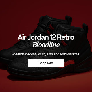 Black sneakers with red accents on a red background, featuring text about the Air Jordan 12 Retro Bloodline.