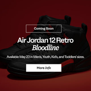 Black sneakers with red accents on a red background, featuring text about the 'Air Jordan 12 Retro Bloodline' release.