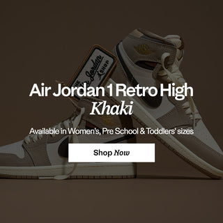 Air Jordan 1 Retro High Khaki sneakers with promotional text on a dark background