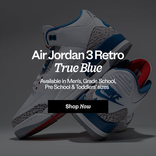 Air Jordan 3 Retro True Blue white, grey, blue shoes with red accents. Shop now