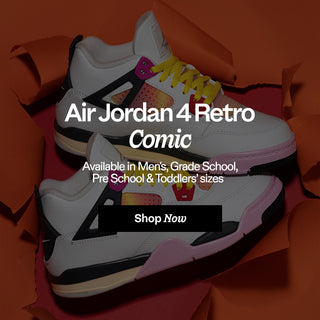 Air Jordan 4 Retro Comic white and pink shoes with yellow laces 