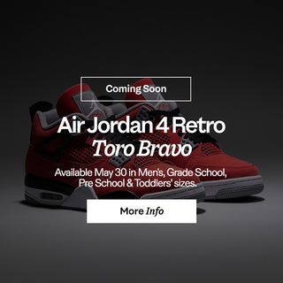 Red and black Air Jordan 4 Retro shoes with text about availability on a dark background