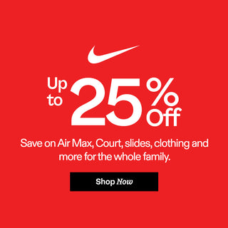Nike promotional banner with 25% off offer on a red background