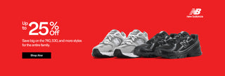 New Balance shoes on a red background with promotional text and logo.